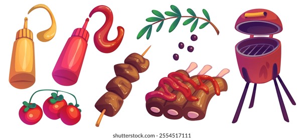 Grill meat food cartoon. Chicken on skewer vector. Roast beef or pork meal for picnic with vegetable isolated graphic set. American spice for barbeque rib. Ketchup and mustard sauce for cooking