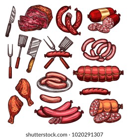 Grill meat and sausage sketch set. Barbecue steak of beef and pork, sausage and frankfurter, chicken leg, salami and pepperoni isolated icon with knife, grill fork and spatula for bbq party design