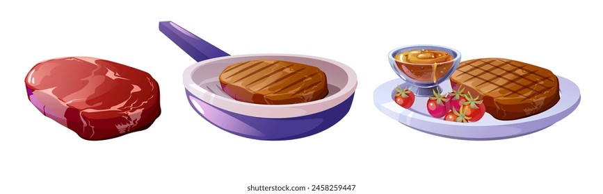 Grill meat steak cartoon. Beef or pork bbq vector illustration. Roast barbeque dinner with sauce and tomato vegetables design set for menu. Fried picnic food piece on pan for grilling graphic clipart