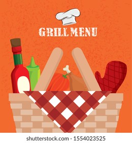 grill menu with basket wicker and vegetables vector illustration design
