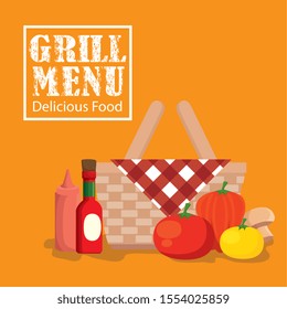 grill menu with basket wicker and vegetables vector illustration design
