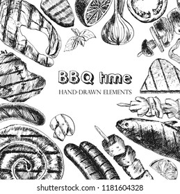 Grill menu. B-B-Q. Time for a barbecue. Illustrations drawn manually with ink and a pen for your unique project.