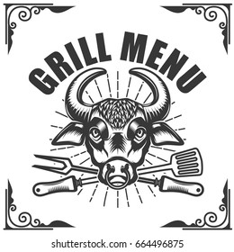 Grill menu. Bull head on white background. Vector illustration