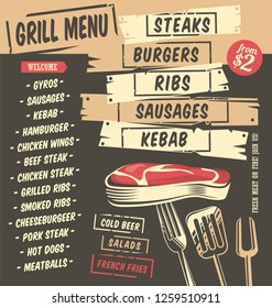 Grill menu creative design with artistic food graphics. Restaurant menu template. Steaks, burgers, kebab, ribs, sausages vector illustration.