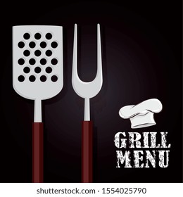 grill menu with cutlery and hat chef vector illustration design