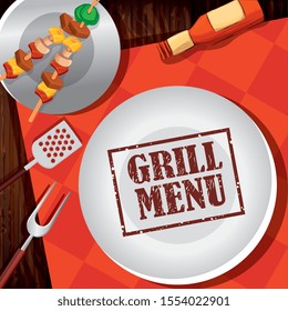 grill menu with delicious brochette and dish vector illustration design