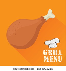 grill menu with delicious chicken and hat chef vector illustration design