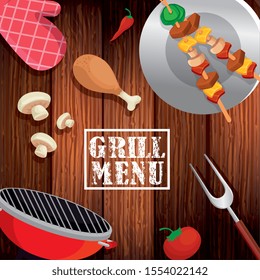 grill menu with delicious food in wooden background vector illustration design