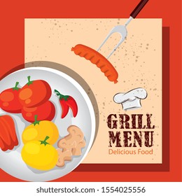 grill menu with delicious vegetables in dish vector illustration design