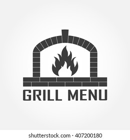 Grill menu design template. Grill or barbecue icon with fireplace. Vector illustration.