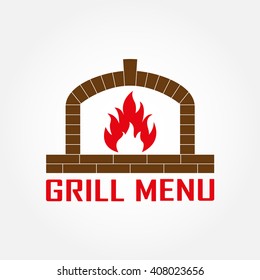 Grill menu design template. Grill or barbecue icon with fireplace. Vector illustration.