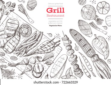 Grill menu design template. Grilled vegetables top view frame, vegetarian cuisine. Vector illustration. Engraved design. Hand drawn illustration.  Food on the grill