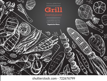 Grill menu design template. Grilled vegetables top view frame, vegetarian cuisine. Vector illustration. Engraved design. Hand drawn illustration.  Food on the grill