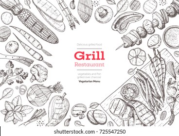 Grill menu design template. Grilled vegetables top view frame, vegetarian cuisine. Vector illustration. Engraved design. Hand drawn illustration. Food on the grill