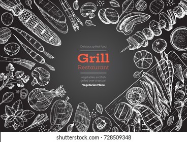 Grill menu design template. Grilled vegetables top view frame, vegetarian cuisine. Vector illustration. Engraved design. Hand drawn illustration. Food on the grill