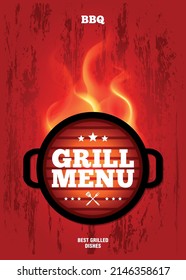 Grill menu design template on a red grunge background. Vector illustration