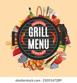 grill menu. design template of poster with grilled meats sausages and vegetables vector illustration in circle form