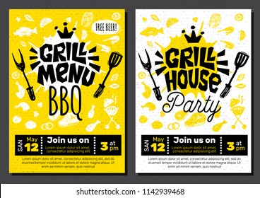 Grill menu Gill House Party Time BBQ food poster. Grilled food, meat fish vegetables grill appliance fork knife chicken shrimps lemon spice. Hand drawn vector illustration.