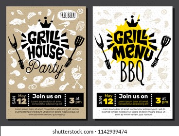 Grill menu Gill House Party Time BBQ food poster. Grilled food, meat fish vegetables grill appliance fork knife chicken shrimps lemon spice. Hand drawn vector illustration.