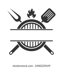 Grill menu graphic design template. Barbecue, crossed barbecue tools, flame and empty place for text. Isolated symbol on white background. Vector illustration