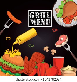 grill menu with hamburger and delicious food vector illustration design