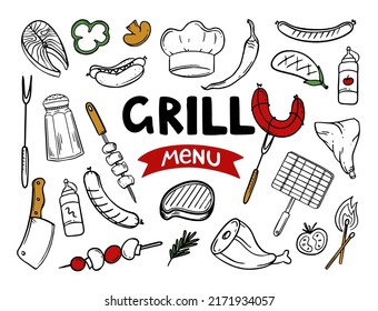 Grill menu hand drawn menu items of restaurant bar cafe Vector of barbecue food doodles