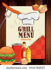 grill menu with hat chef and delicious food in wooden background vector illustration design