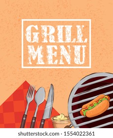 grill menu with hot dog and cutlery vector illustration design