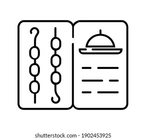 Grill menu icon vector. Kebabs on skewers, a sheet with dishes, a chef's badge. 