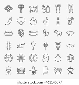 Grill Menu Line Icons Set. Vector Collection of Modern Thin Outline BBQ Picnic Symbols.