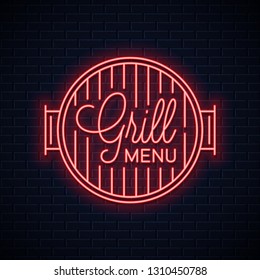 Grill menu neon logo. BBQ grill neon sign on wall vector background