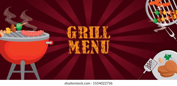 grill menu with oven and delicious food vector illustration design