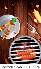 grill menu with oven and icons in wooden background vector illustration design