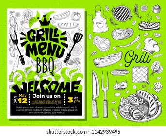 Grill menu Party BBQ food poster. Grilled food, meat fish vegetables grill appliance fork knife chicken shrimps lemon spice. Hand drawn vector illustration.