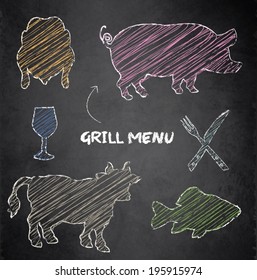 Grill Menu Pig Cow Fish Chicken Blackboard Chalkboard Color Vector