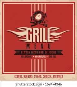 Grill Menu Retro Flyer Design Template. Vintage Poster Design For BBQ Restaurant. Food And Drink Concept.