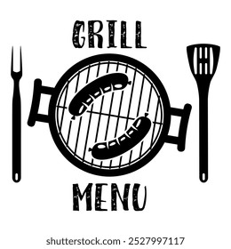 grill menu symbol, Barbecue and Grill icon with oven, fork and spatula. Vector illustration in flat style