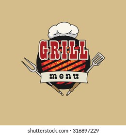 Grill menu symbol, icon, with various objects and foods, vector illustration