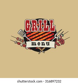 Grill menu symbol, icon, with various objects and foods, vector illustration