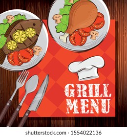 grill menu with tablecloth and delicious food vector illustration design