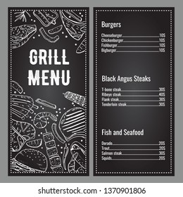 Grill menu two page design template with list of meat, fish and burgers. Outline vector hand drawn sketch illustration with different food white on blackboard background