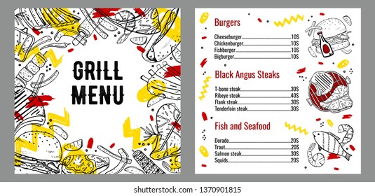 Grill menu two page square design template with list of meat, fish and burgers. Outline vector hand drawn sketch illustration with different food black on white background with colorful spots