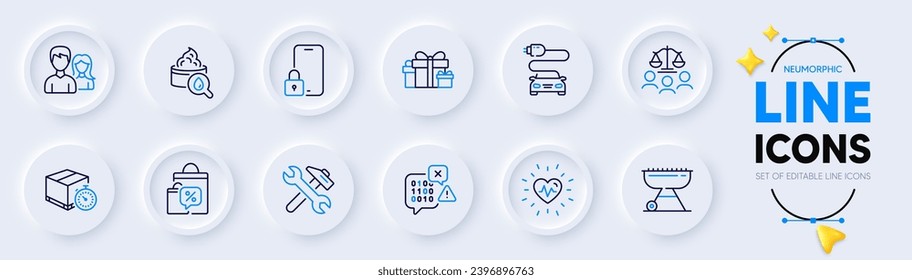 Iconos de grill, crema hidratante y línea de bloqueo para la aplicación web. Paquete de código binario, Reparación, Sale bolsas iconos de pictograma. Trabajo en equipo, temporizador de entrega, carteles de carga de automóvil. Jurado en la corte, Heartbeat. Vector
