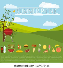 Grill in the nature for a summer picnic, a set of food and snacks and space for text mockup