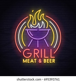 Grill neon sign. Neon sign, bright signboard, light banner. 