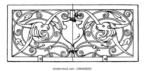 Grill Oblong Panel was designed in 1649, It has an artificial motif, vintage line drawing or engraving illustration.