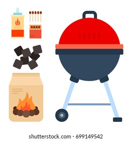 Grill on wheels, charcoal in the package, liquid for lighting a fire and matches vector flat material design isolated on white