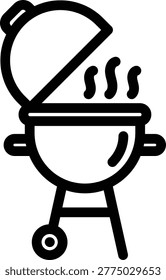 Grill outline icon. This graphic representation features an open barbecue grill emitting smoke, symbolizing outdoor cooking, summer gatherings, and delicious food preparation. It conveys warmth and culinary enjoyment.   