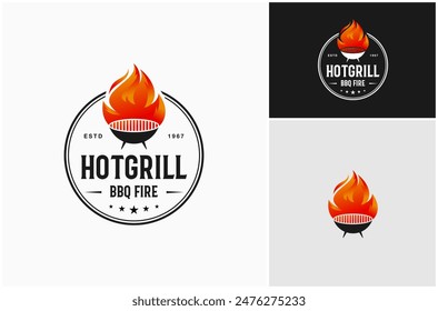 Grill Pan BBQ Barbecue Steak Hot Fire Flame Cooking Circle Badge Vector Logo Design Illustration