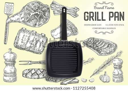 Grill pan brand ads poster banner template. Vector realistic top view grill pan and ink hand drawn barbeque food meat, spices, herbs.